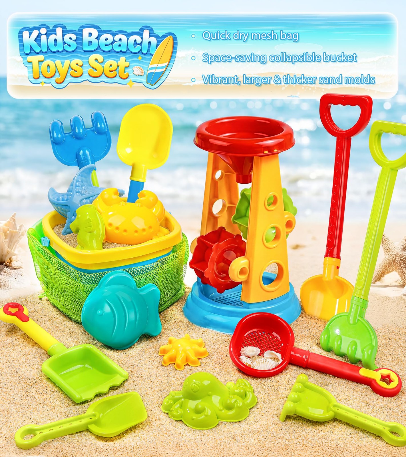 Collapsible Beach Sand Toys for Kids Toddlers, Standard, Multicolor