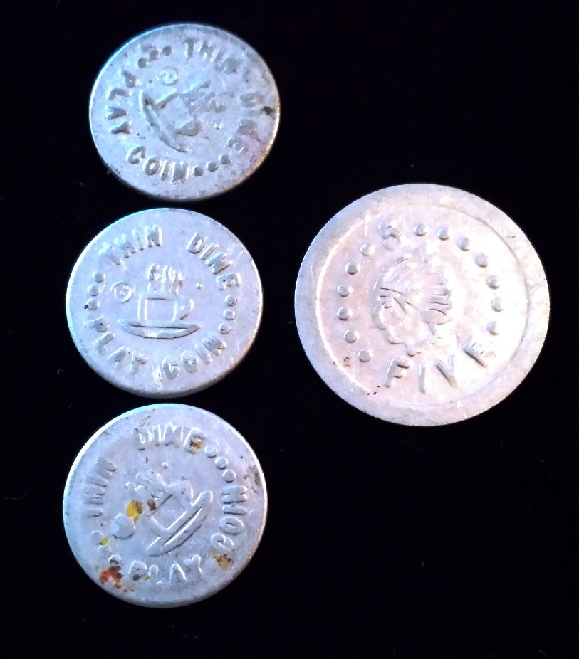 Interesting Lot of 4 Miniature Aluminum Play Coins 3-Dimes / 1-“Wooden Nickel”