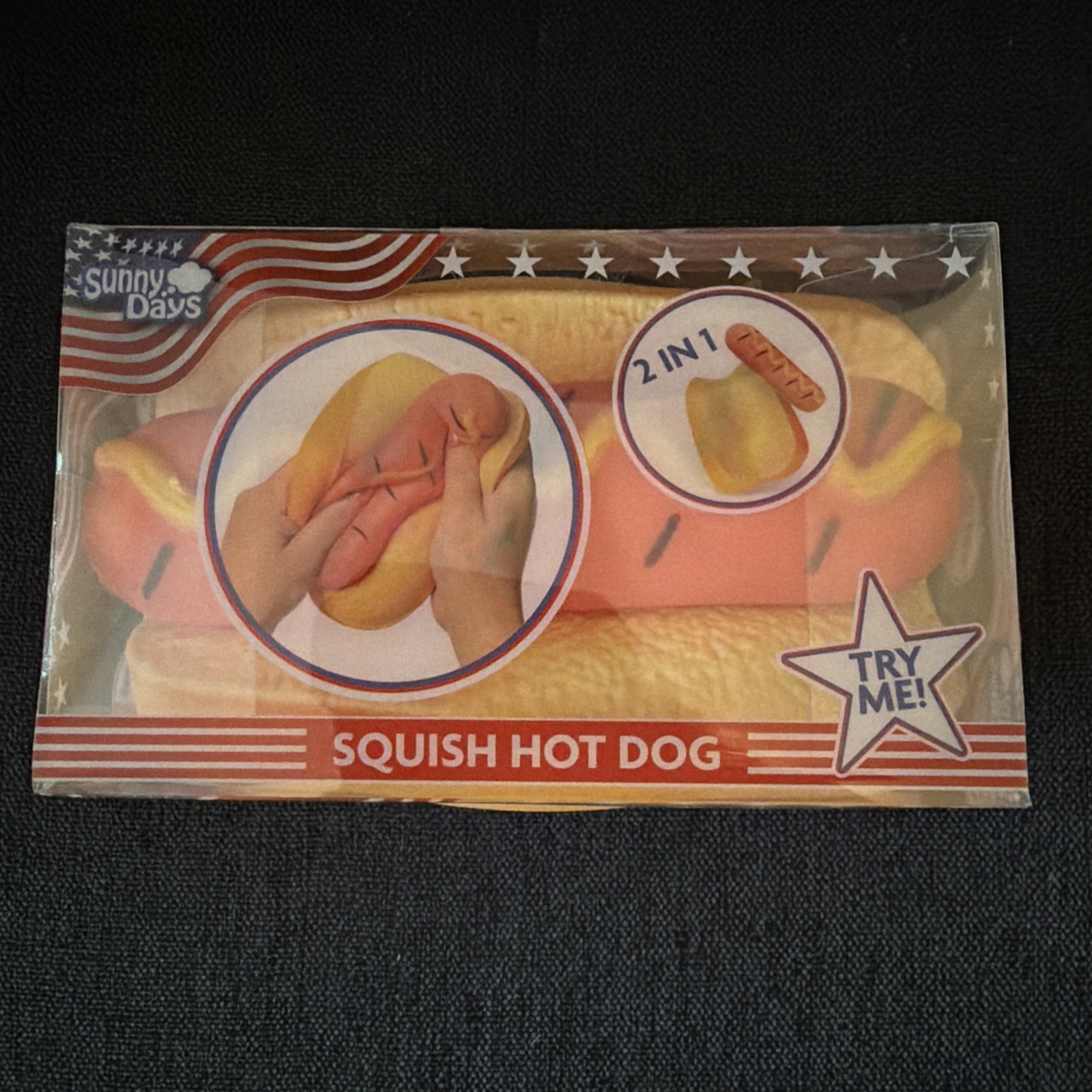 Squishy Hot Dog Squeezy Fidget Toy Sunny Days 2-in-1 Hotdog Stress Relief NEW
