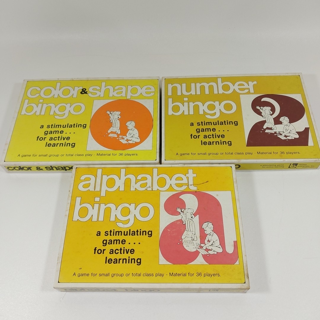 Vintage 70s Trend’s Alphabet Bingo, Number Bingo And Color Shape Bingo Complete