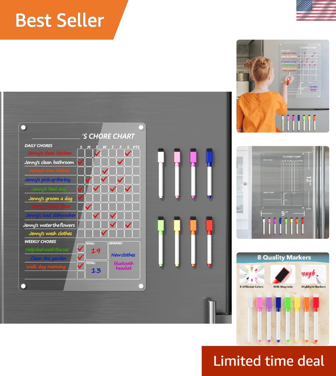Acrylic Fridge Chore Chart w/ 8 Color Markers – 12″x9″ Easy Erasing Board