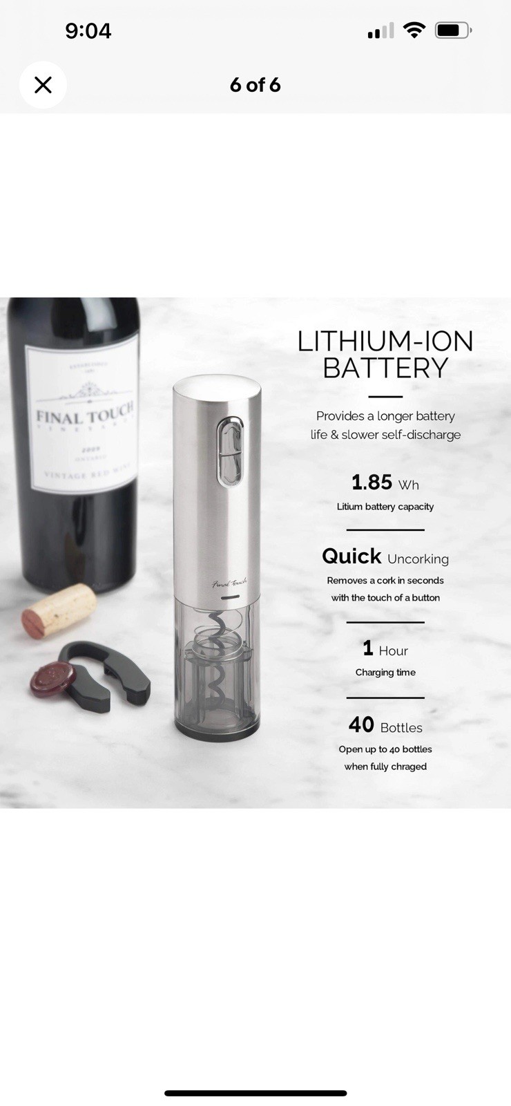 Final Touch Electric Corkscrew with Lithium-Ion Battery | Easy Cork Removal,USB