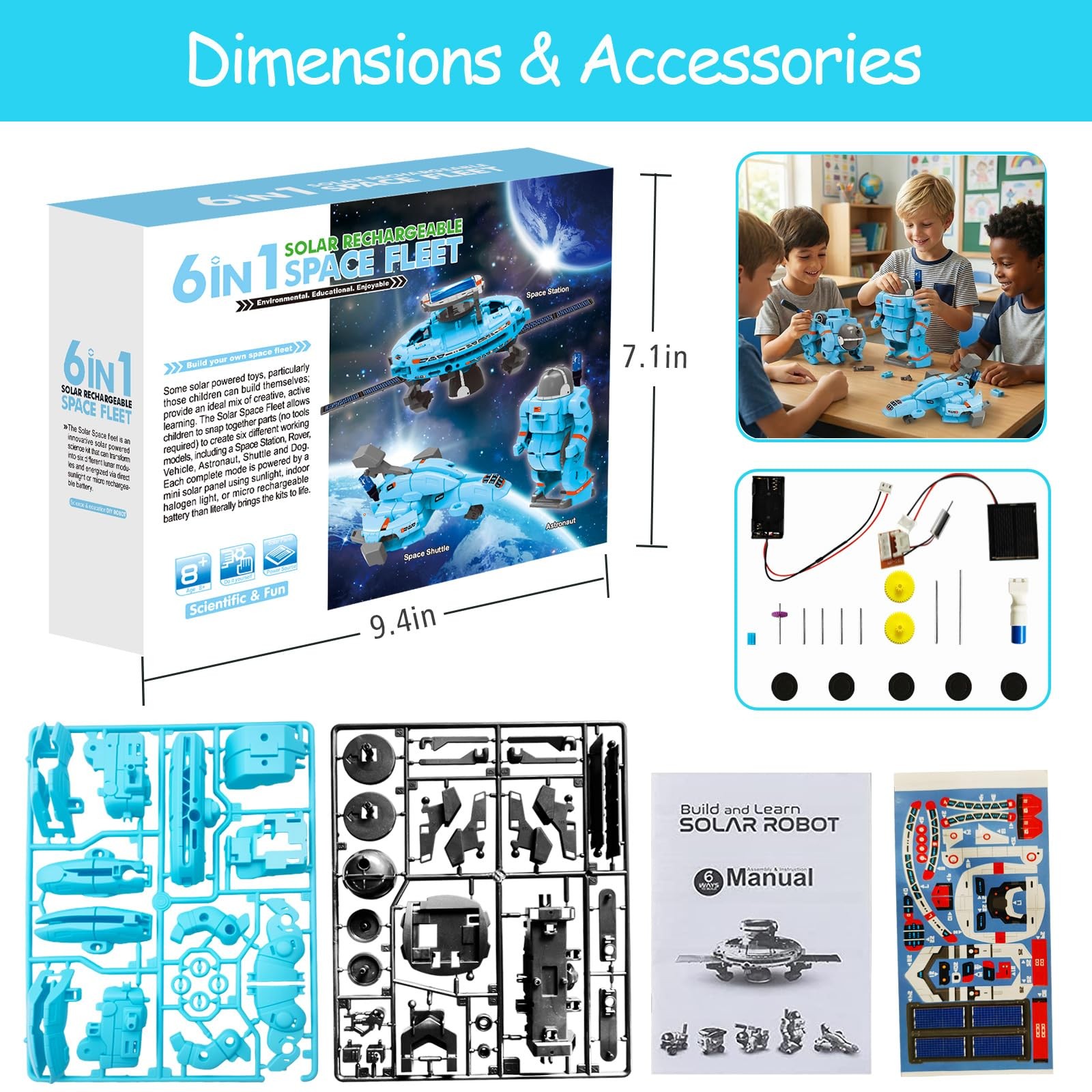 Hechify STEM Education Solar Robots Toys for Kids Age 8+, 6-in-1 DIY Blue