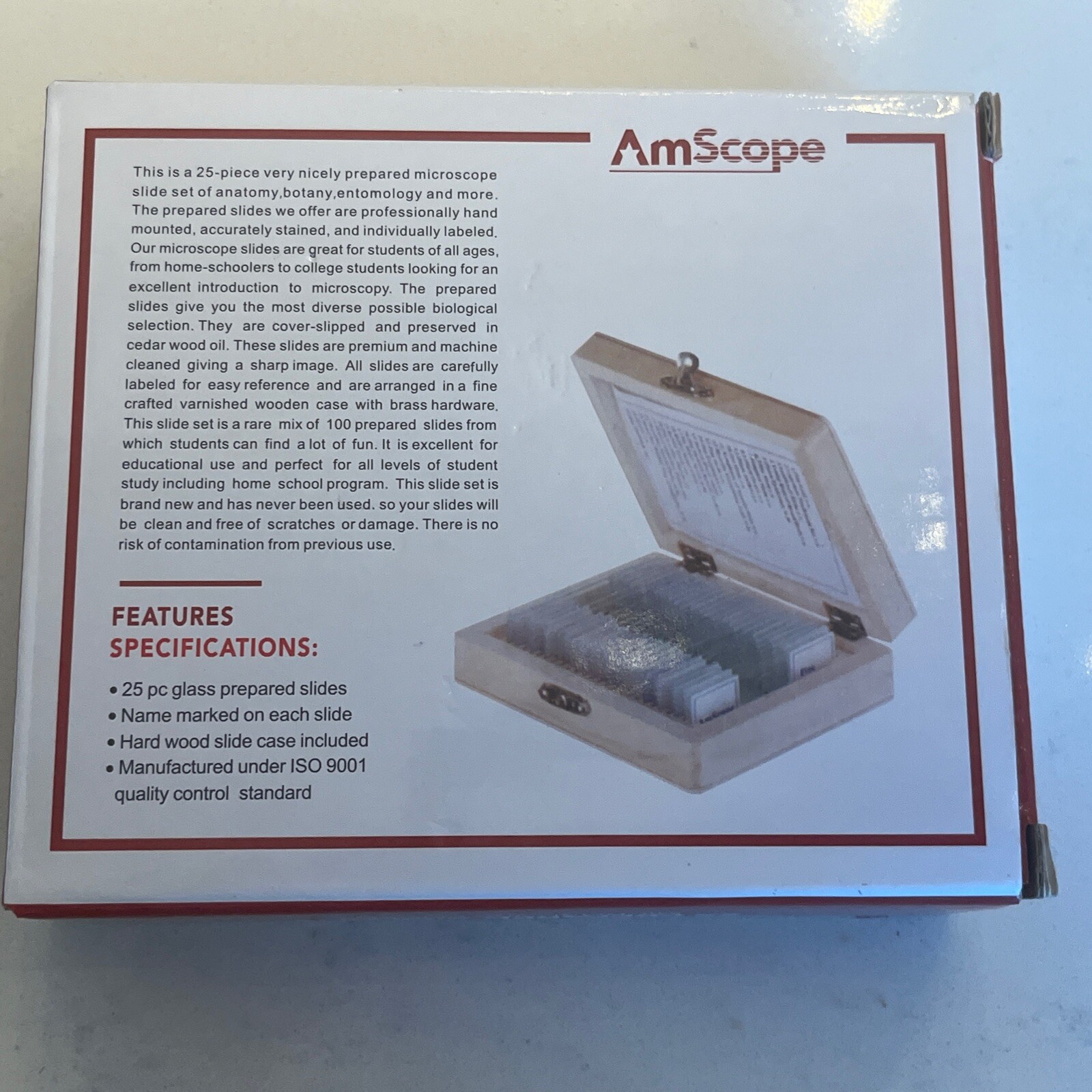 AmScope 25 Prepared Biology Microscope Glass Slides in Wooden Box B49/158