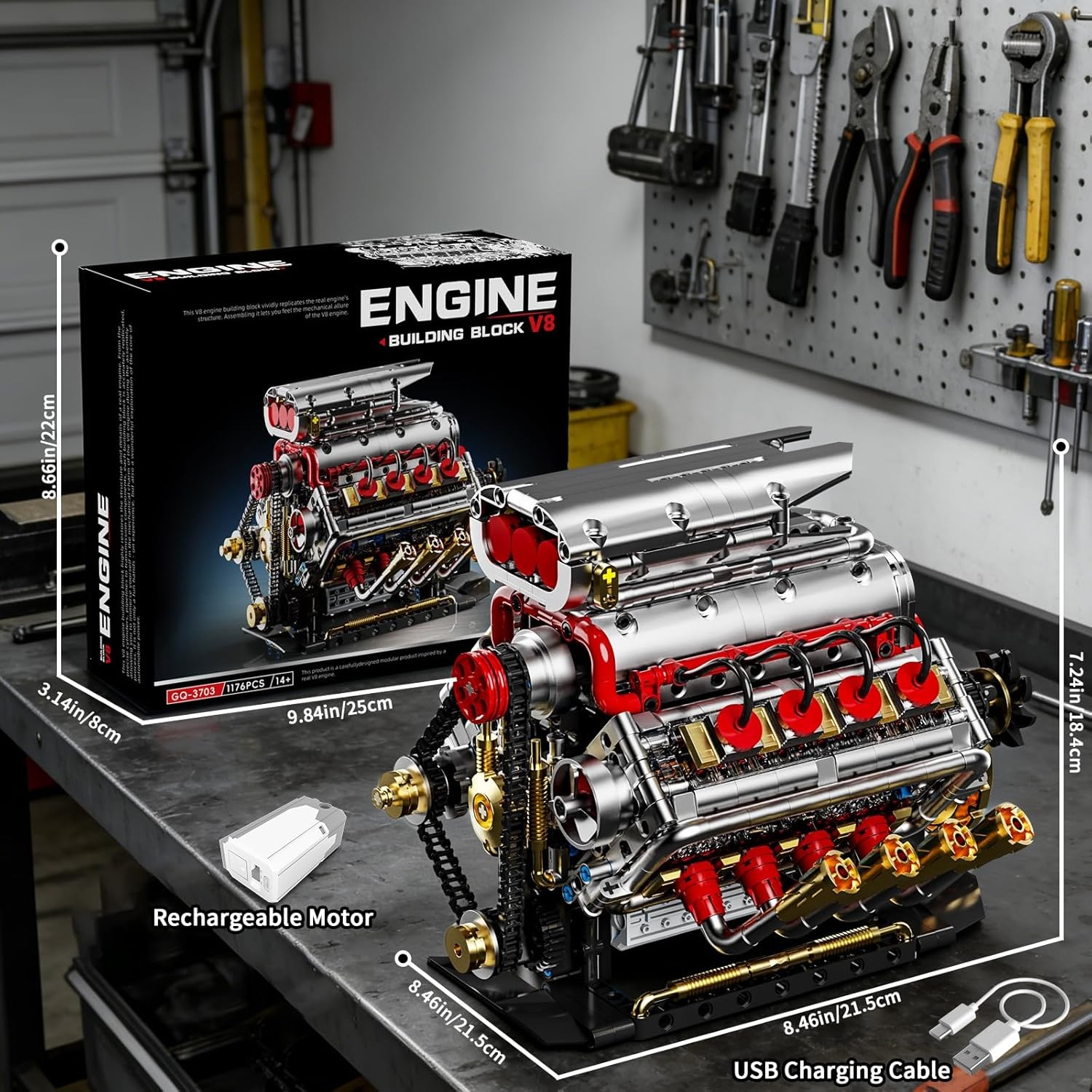 V8 Engine Model Kit That Runs 8-Cylinder Car Engine Building Set with Rechargea