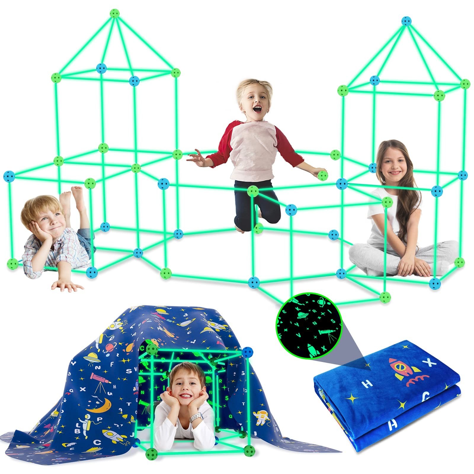 160PCS Kids Fort Building Kit Glow in the Dark Build a Fort with Blanket STEM…
