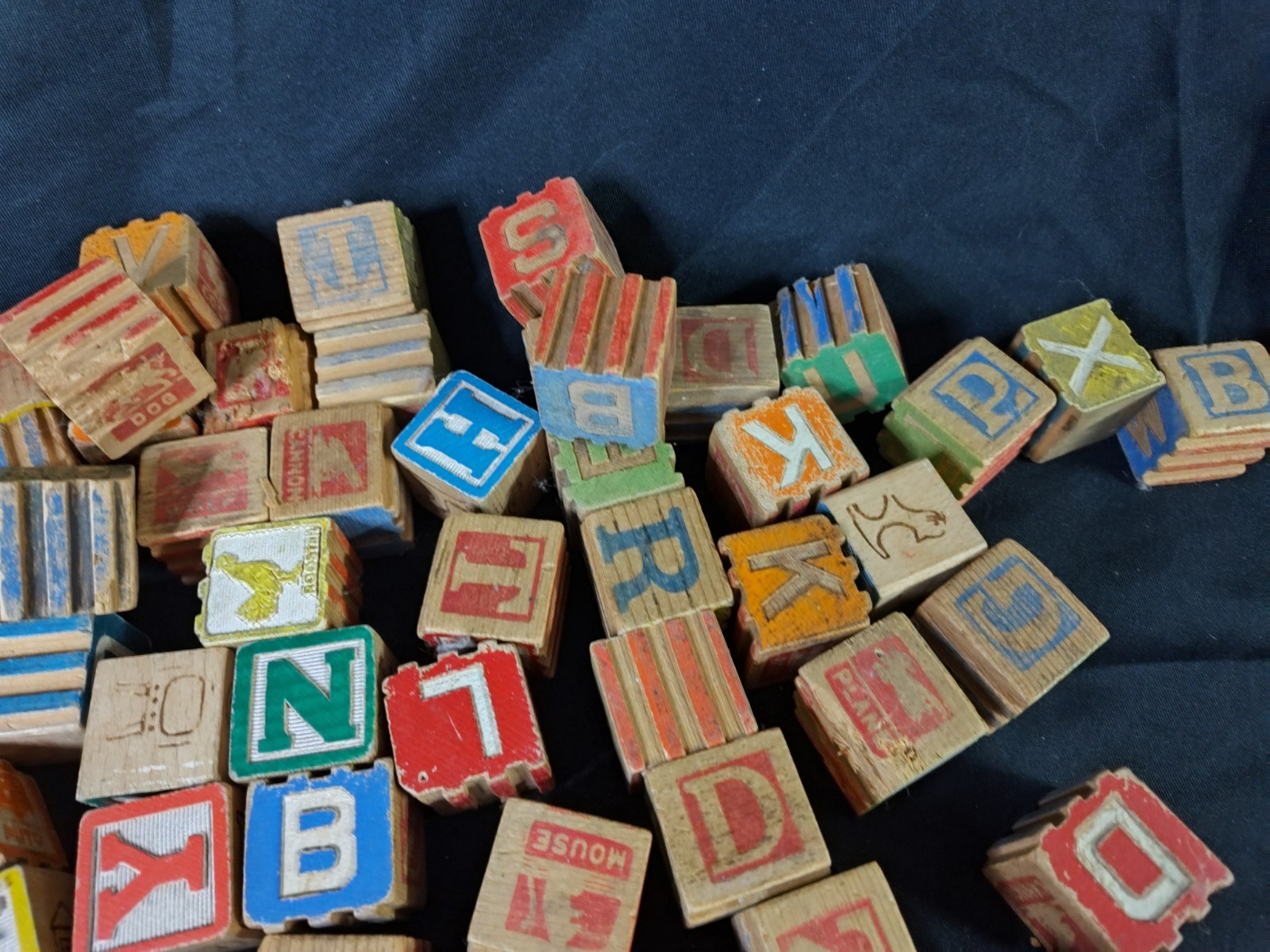 Vintage Wooden Alphabet Blocks Lot Antique ABC Number Animal Learning Toy Set