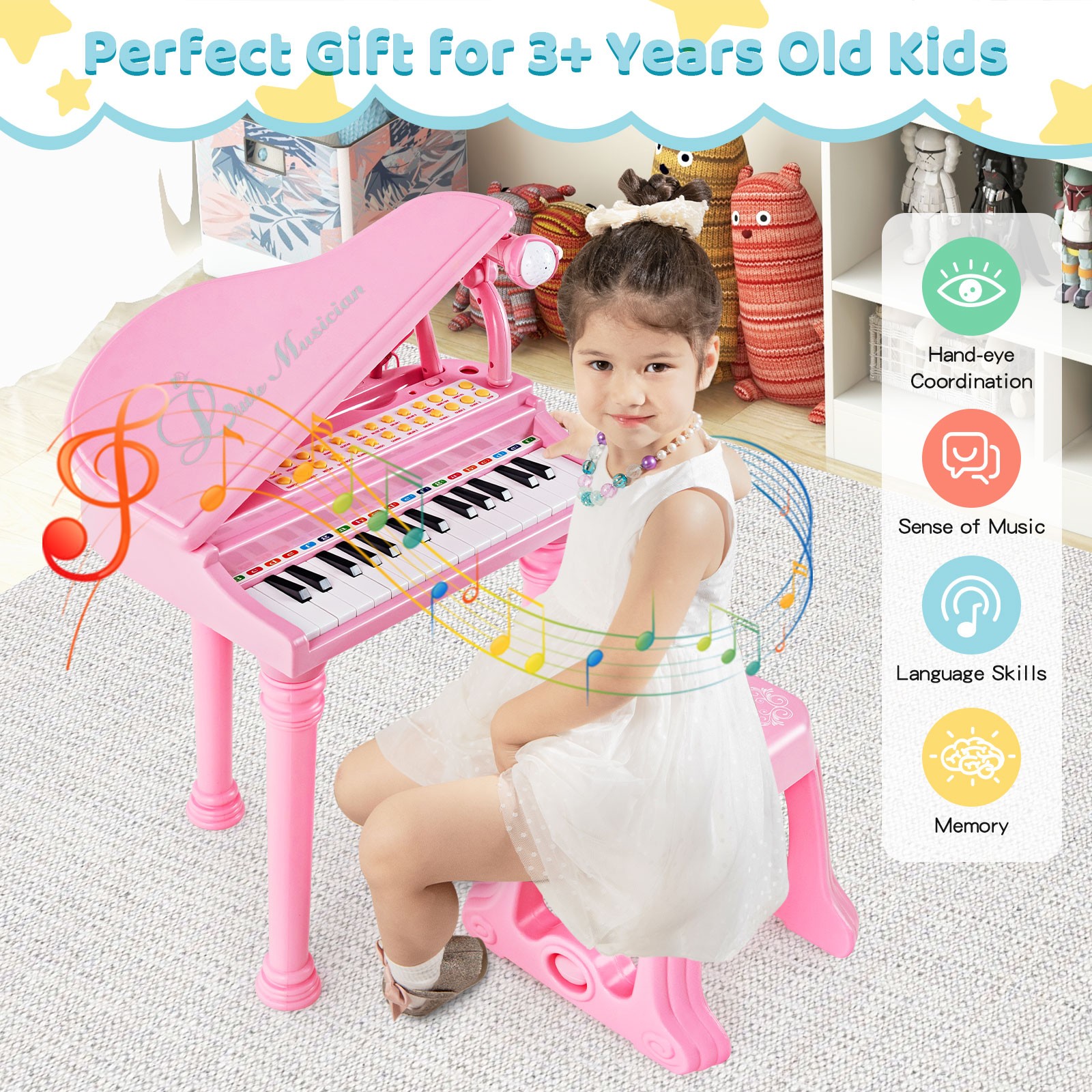 31 Keys Kids Piano Keyboard Toy Toddler Musical Instrument w/ Stool & Microphone