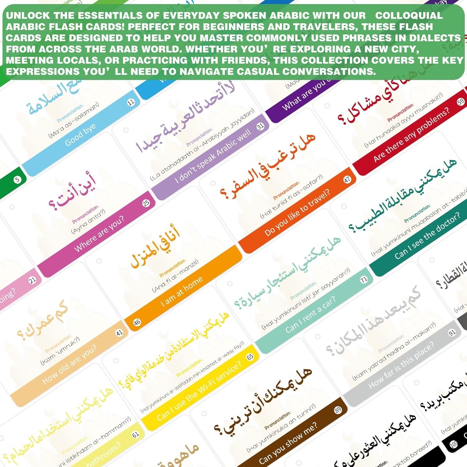 Arabic Flash Cards Set – 50 Essential Phrases with English Transliteration