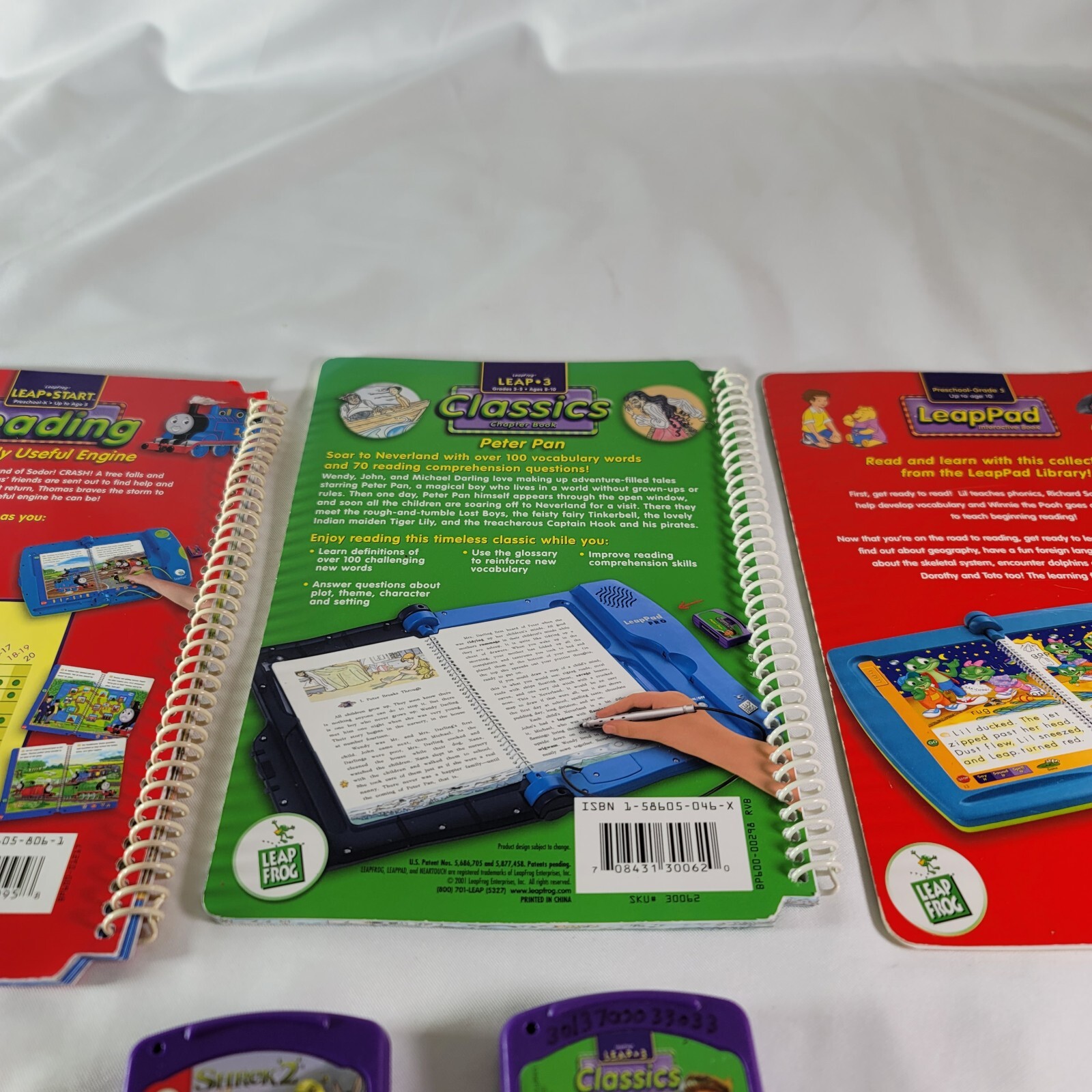 Lot Of LeapPad Books (3) And Two Cartridges (Shrek / Peter Pan)