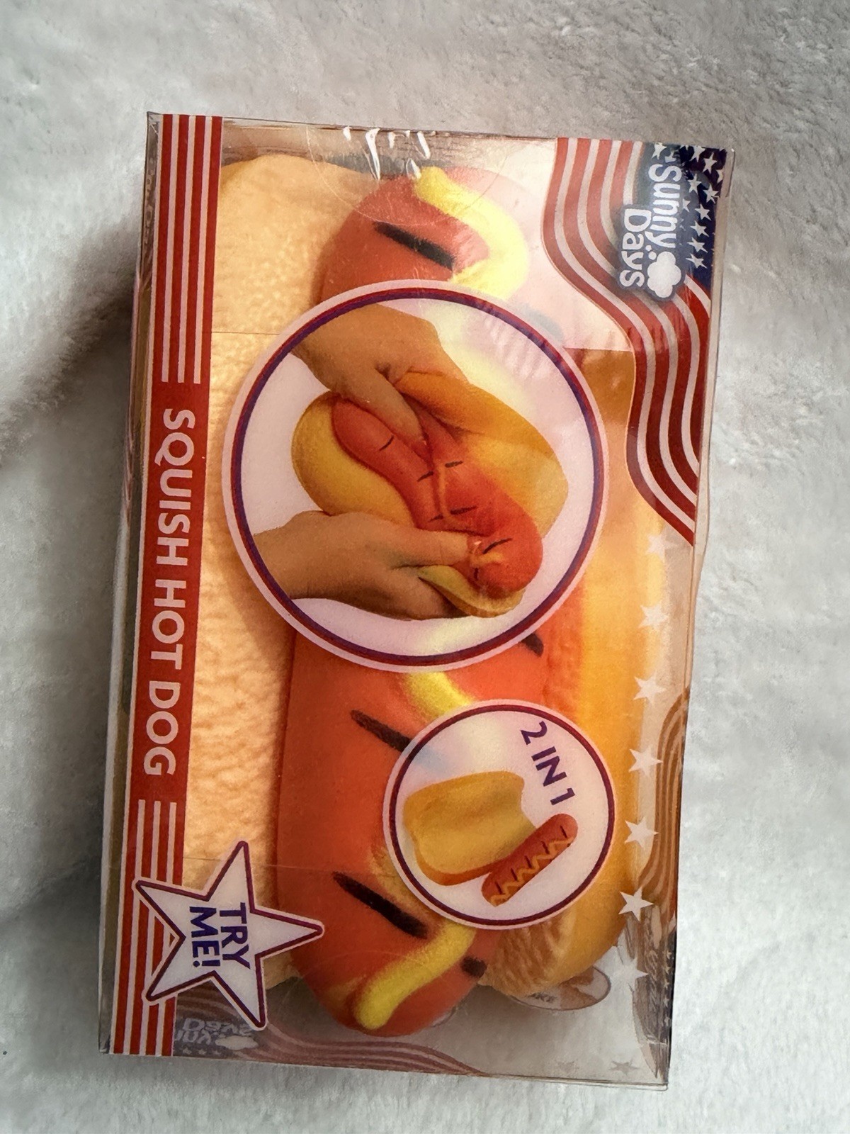 Squishy Hot Dog Squeezy Fidget Toy Sunny Days 2-in-1 Hotdog Stress Relief NEW