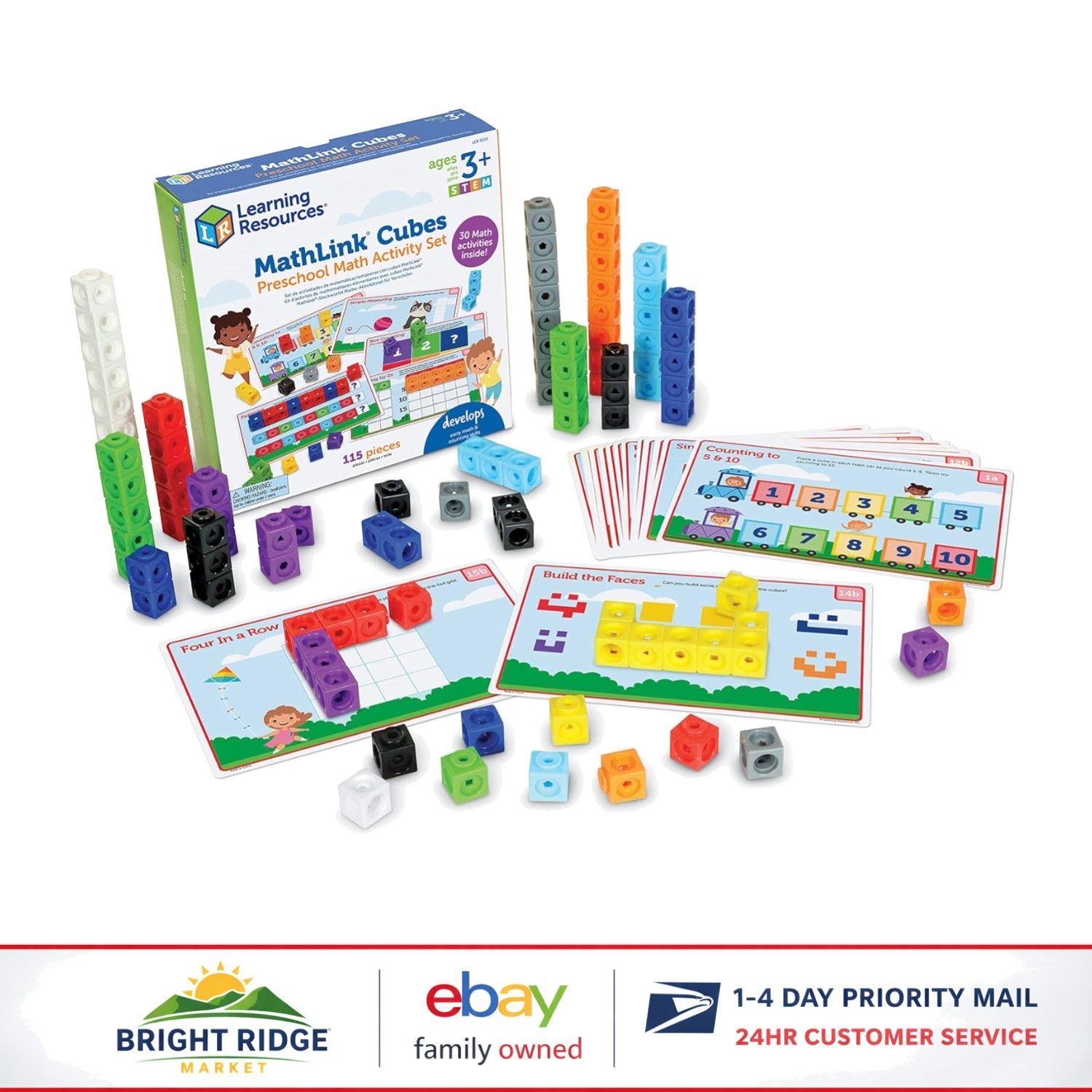 Preschool Math Activity Set with 100 Colorful Cubes and 15 Double-Sided Cards