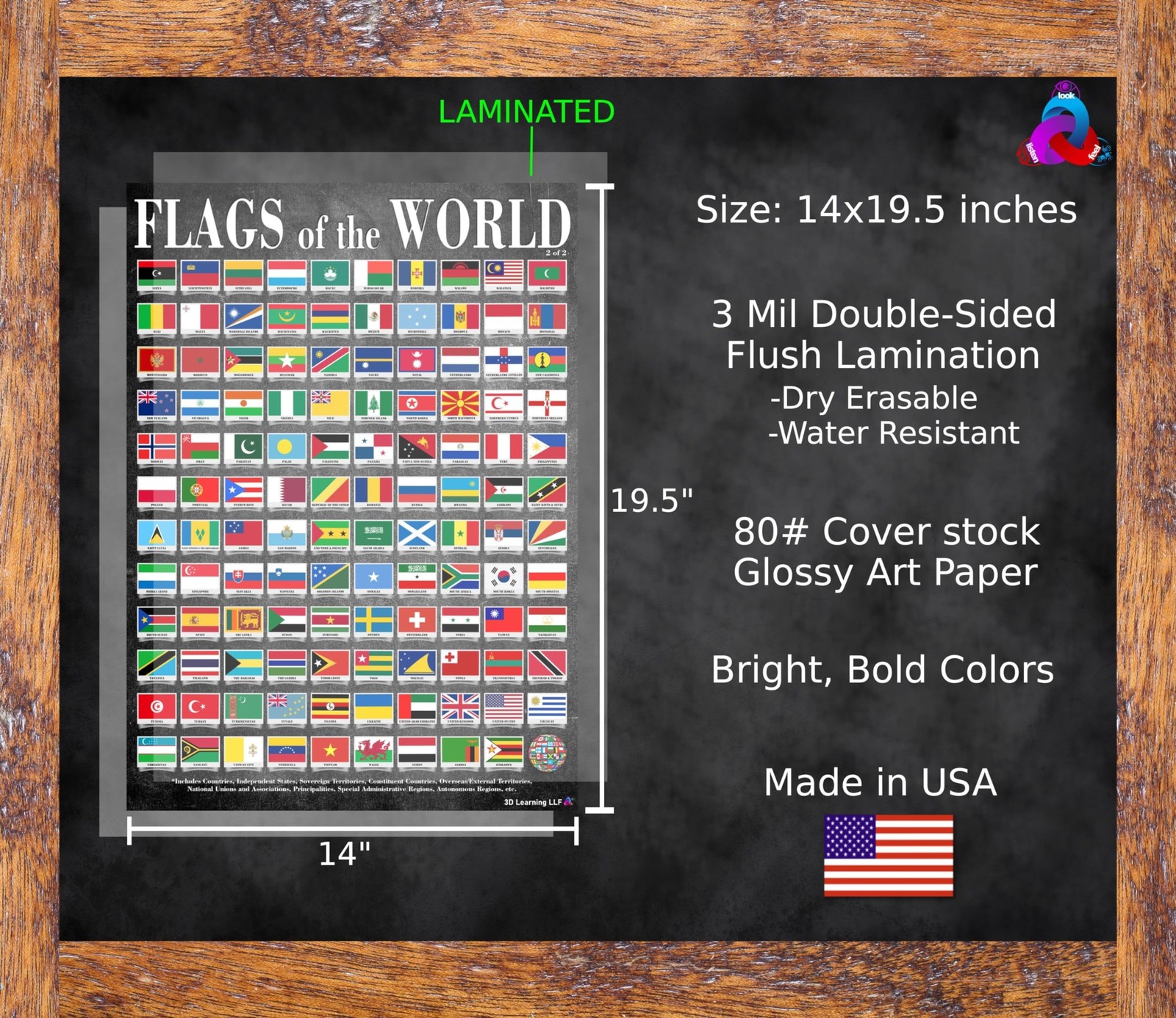 World Map and Flags Posters- Laminated 14×19.5” Educational Charts – Flags
