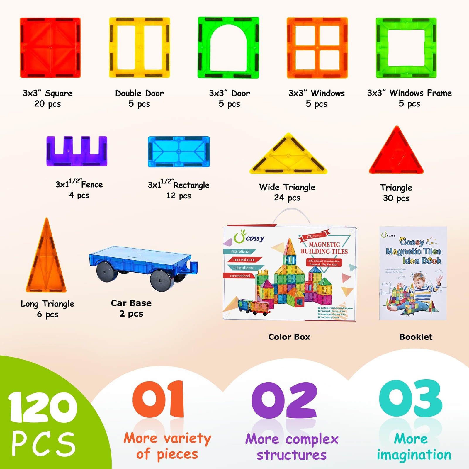 cossy 120Pcs Magnetic Tiles 3D Building Blocks 120 Pieces, Colorful