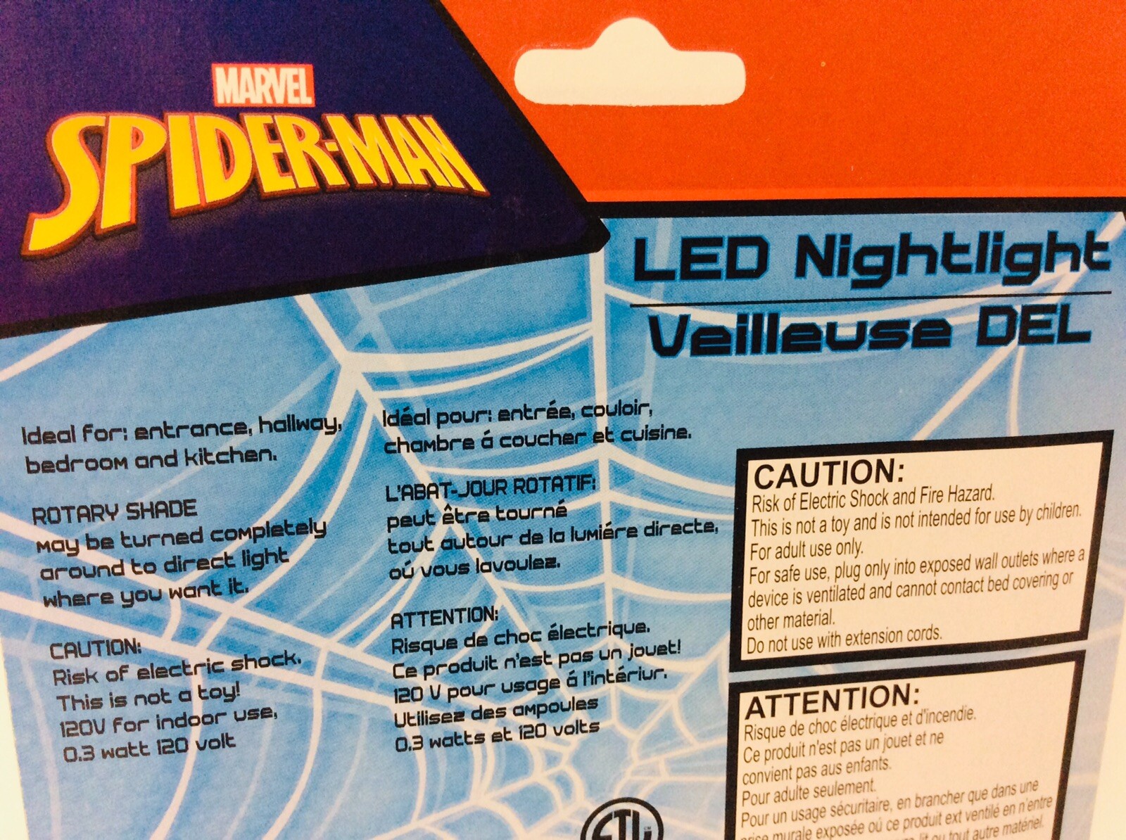 SPIDER-MAN (LED) Plug In Night Light w/Switch (MARVEL Comics) – NEW