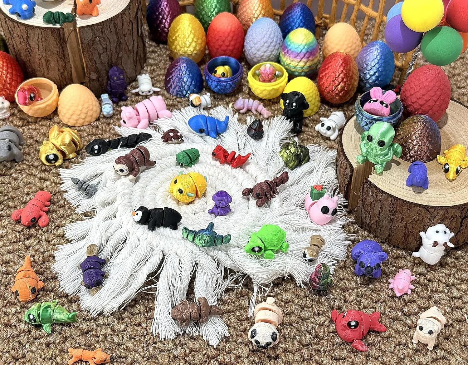 124Pcs 3D Printed Mini Animal Figurines & Easter Eggs Set,Flexible Articulated F