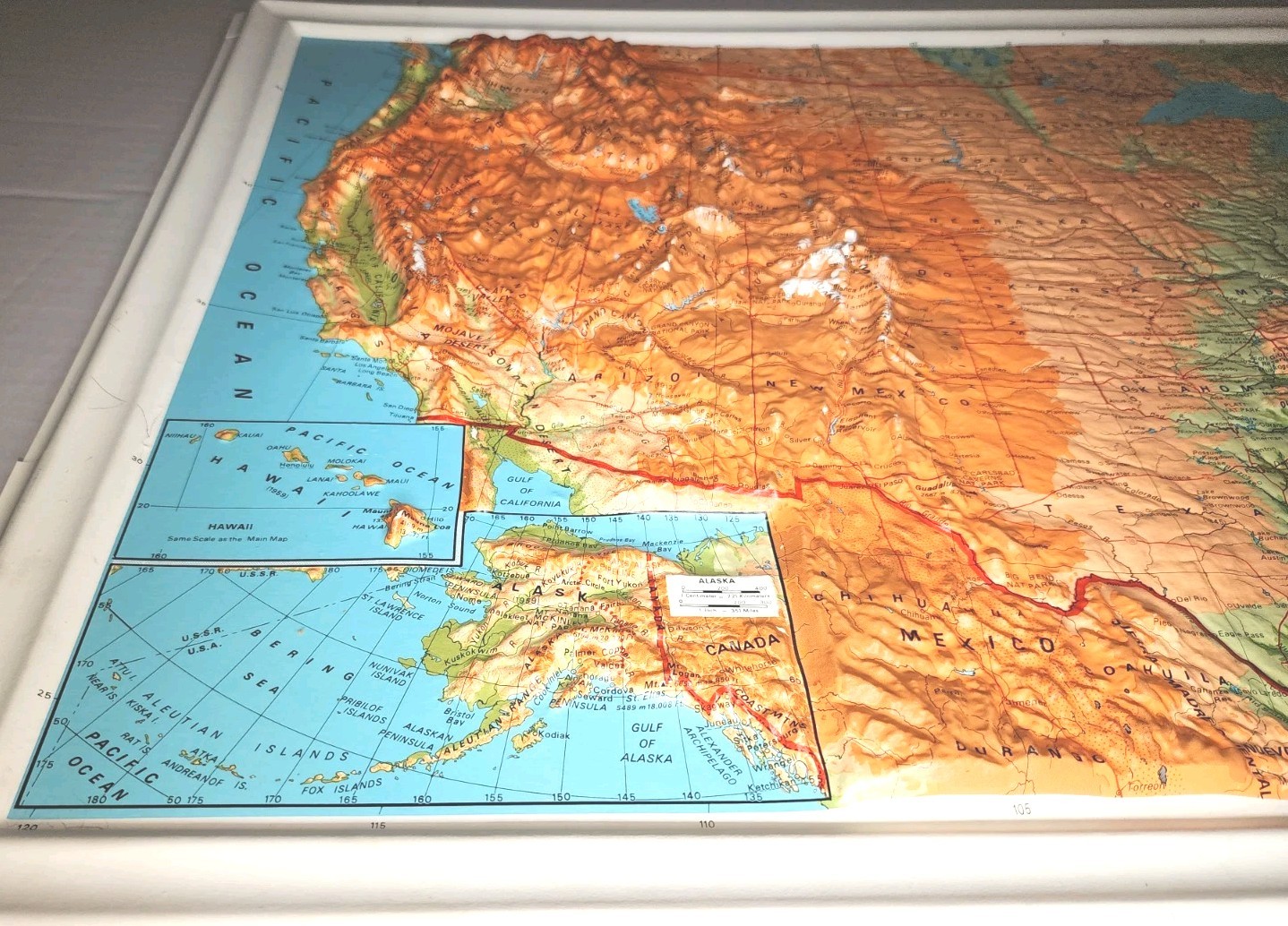 Rare Pair of Vintage A.J. Nystrom 3D Raised Relief USA & World Maps ca. 1960 NOS