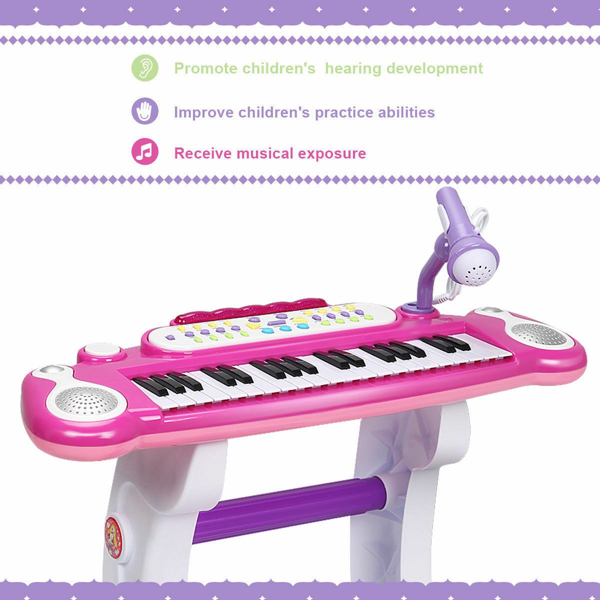 NEW Kids Electronic Keyboard 37 Key Piano Musical Toy w/ Microphone & Stool Pink