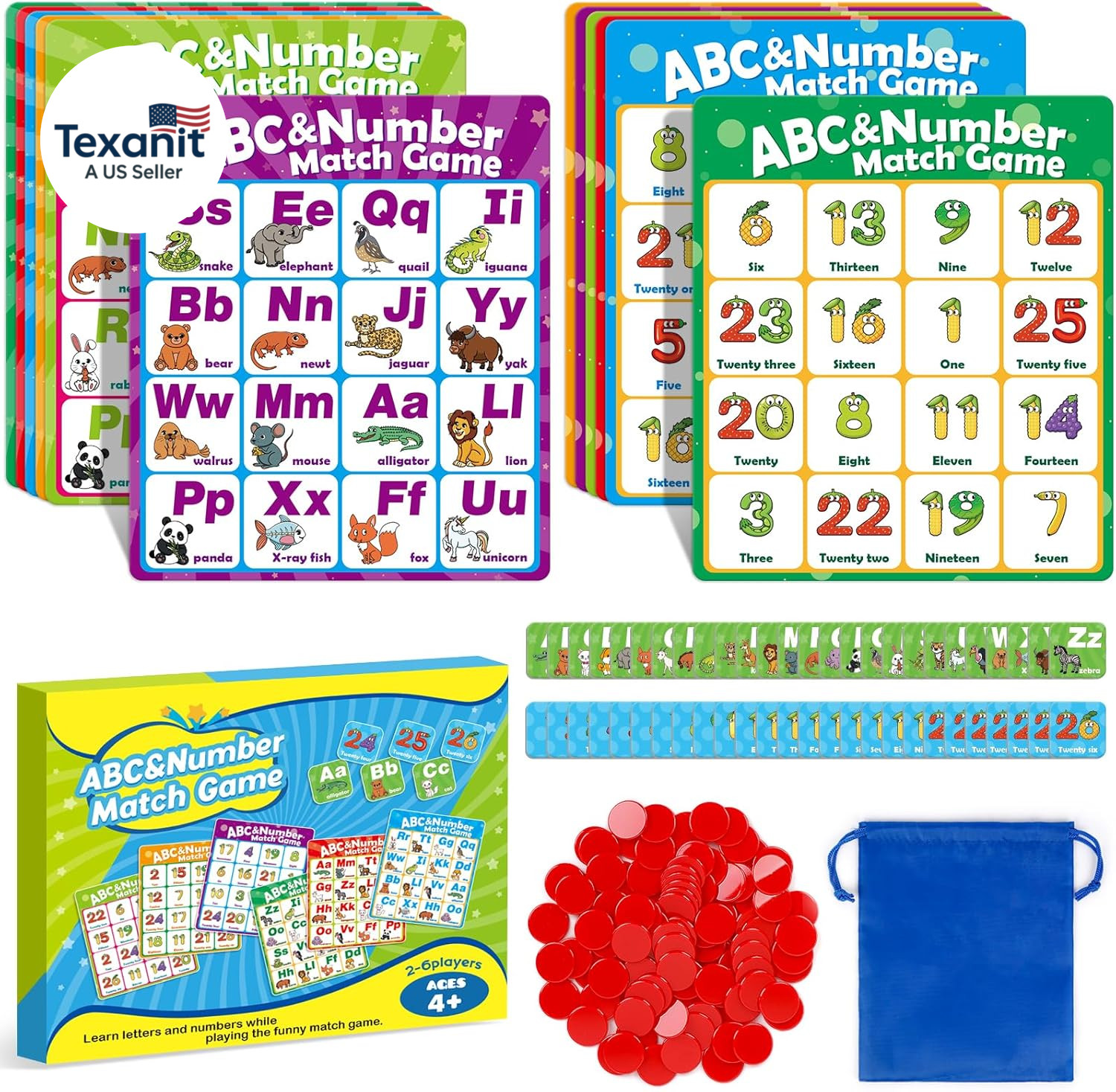 Alphabet Bingo Game,Letter/Number/Sight Word Bingo Game for Kids,Abc and 123 Boa