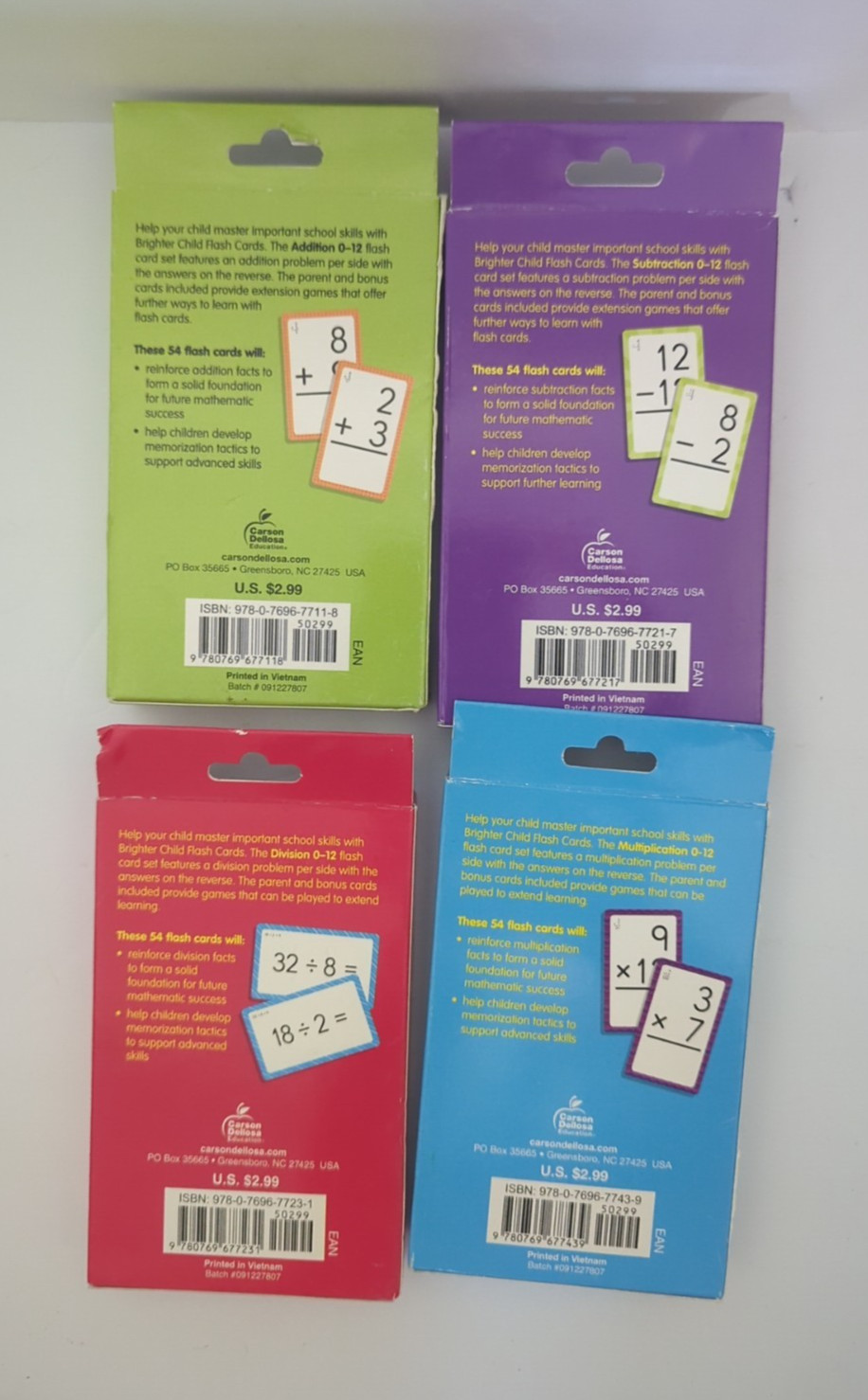 Carson Dellosa 4-Pack Math Flash Cards for Kids Ages 4-8, Add, Sub, Div, Multi