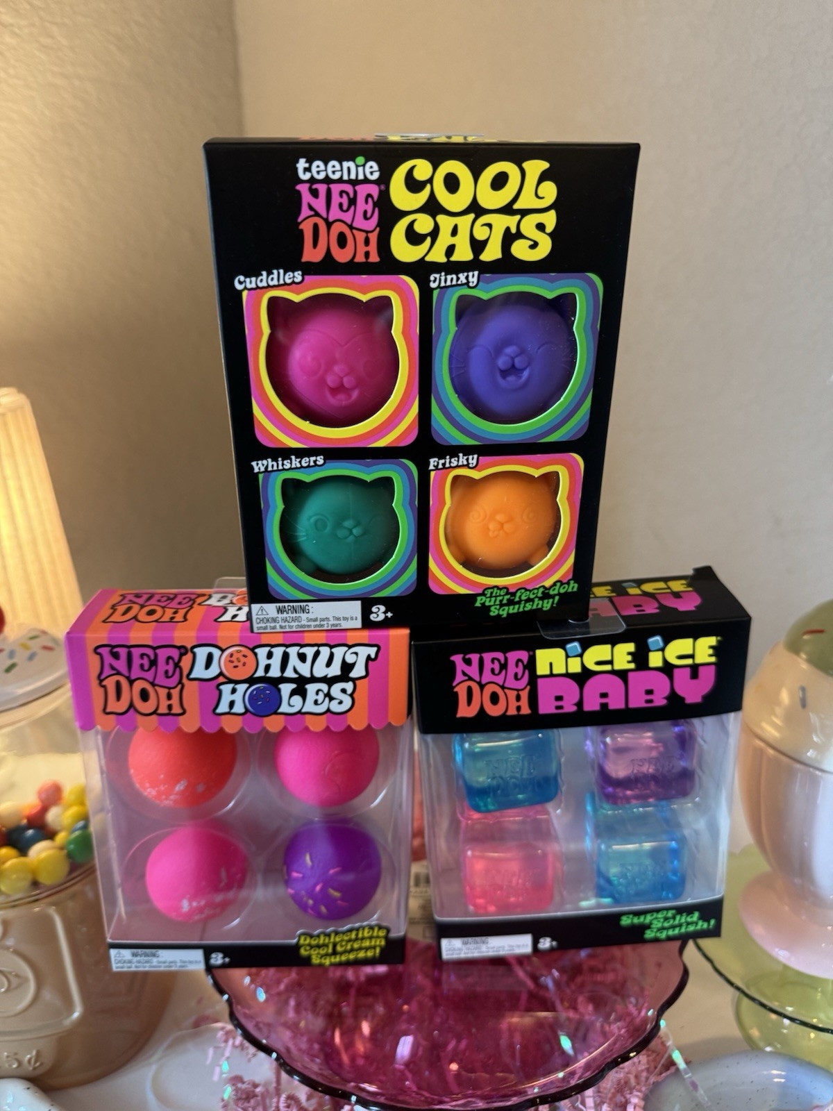 Schylling Teenie Nee Doh Cool Cats Squeeze Toy Set 4 Pink Purple Teal Orange