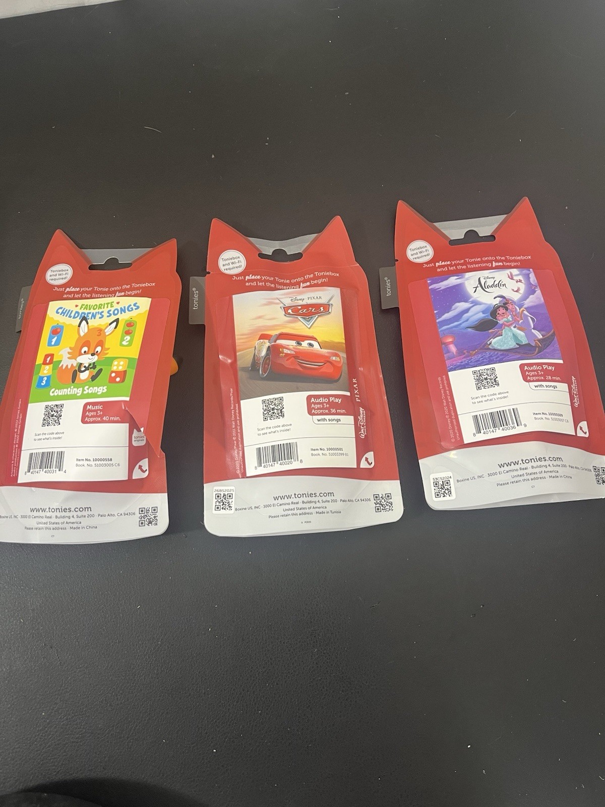 Tonies Figure Bundle -Lot Of 3 – CARS – ALADDIN – COUNTING SONGS