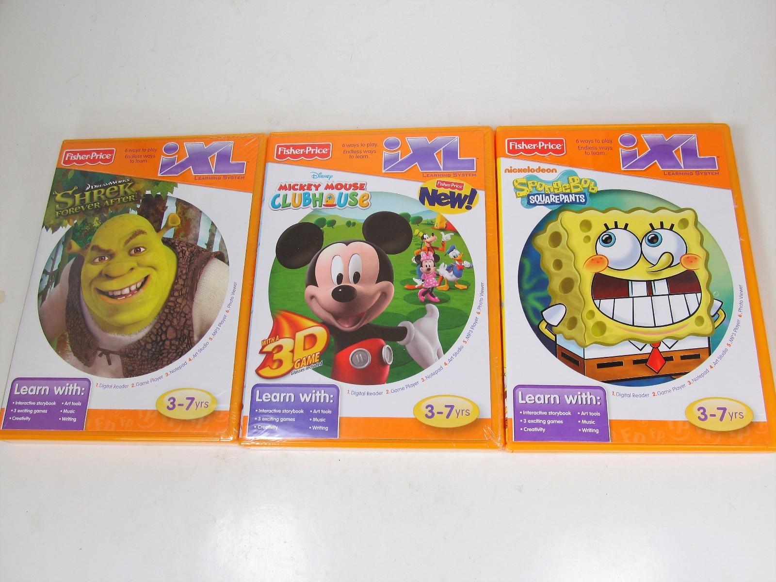 Fisher Price IXL Set of 3 Factory Sealed 3-7 years Shrek Spongebob Mickey Mouse