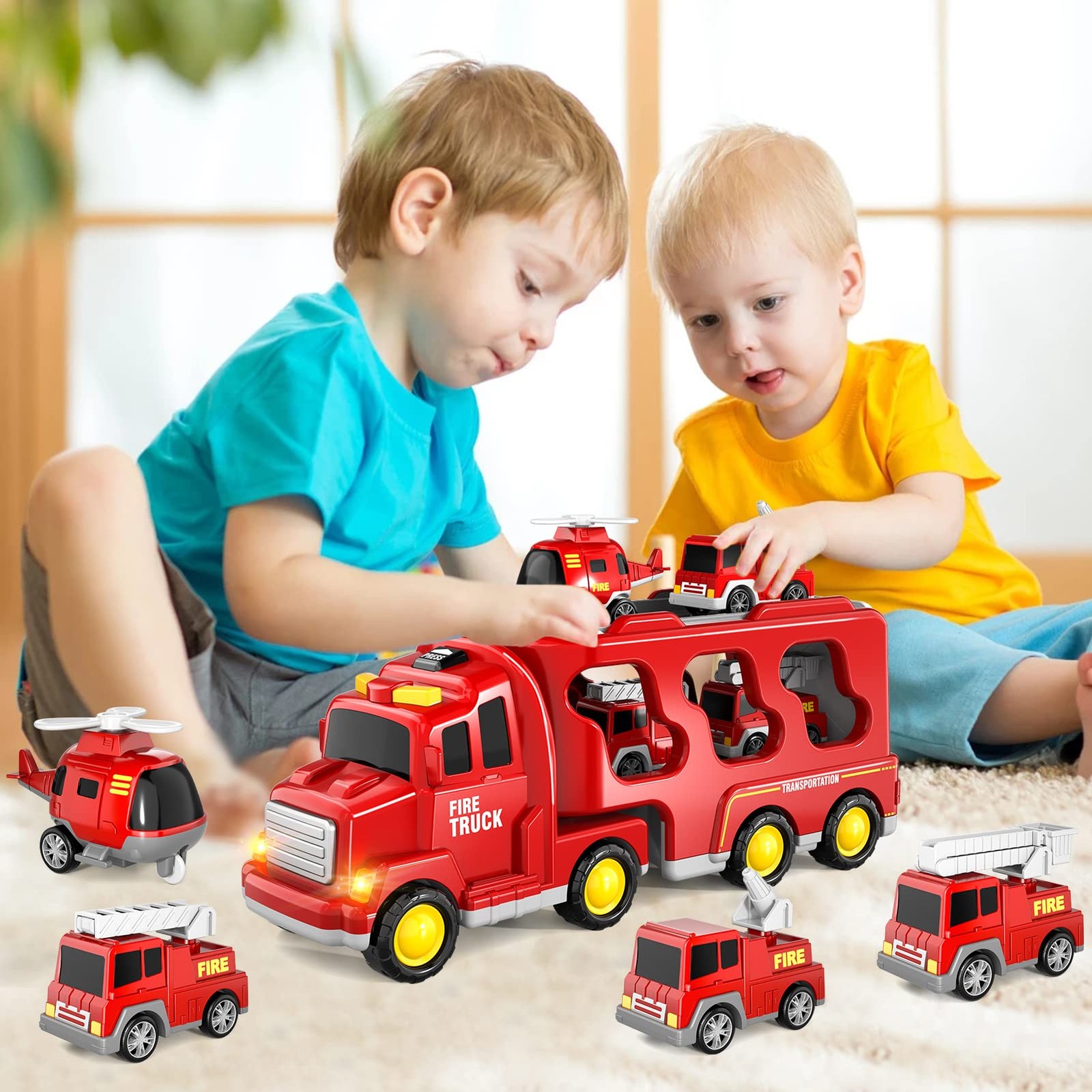 Bennol 5-in-1 Fire Trucks Toy Set for Boys Age 1-3 4 x 5 x 13 inches, Red