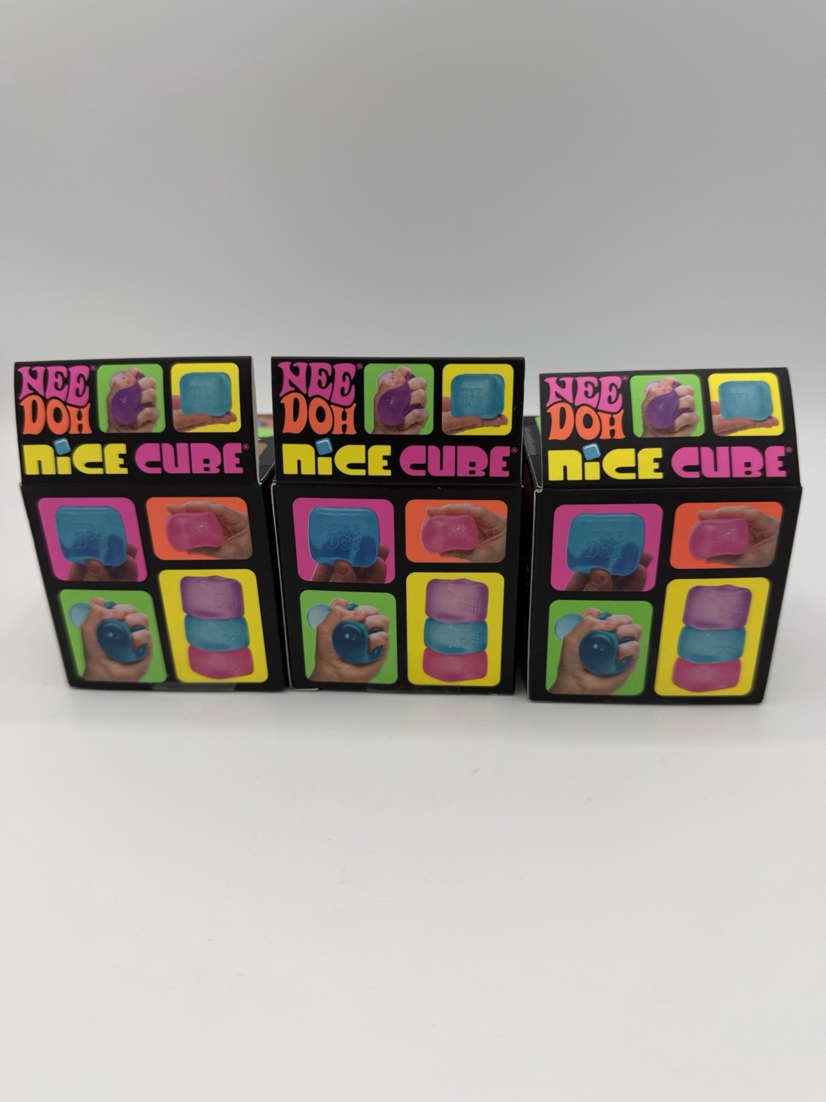 3 Schylling NeeDoh Nice Cube Super Solid Squish Squeeze Toys Pink Blue Purple