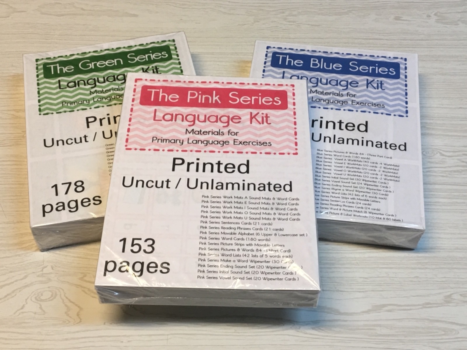 The Pink, Blue & Green Series – 3 Language Kits – Montessori “New”