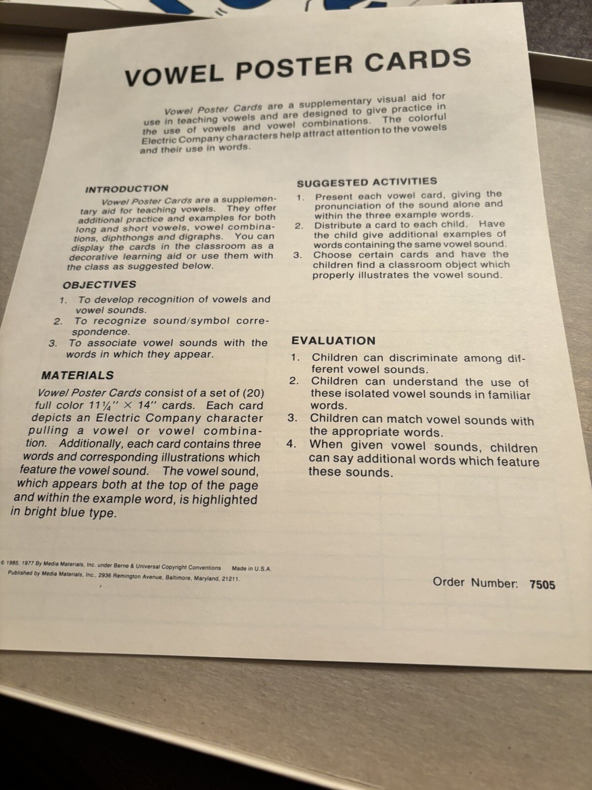 The Electric Company 1977 -20-Vowel Poster Cards