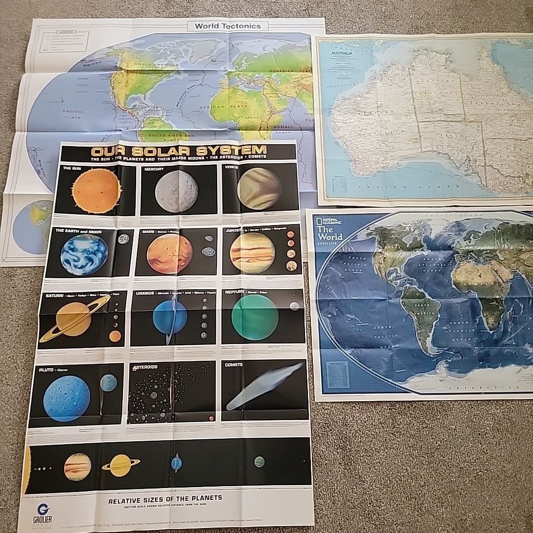 4 VTG Solar System Chart World Maps Large Wall Posters Australia Double Side