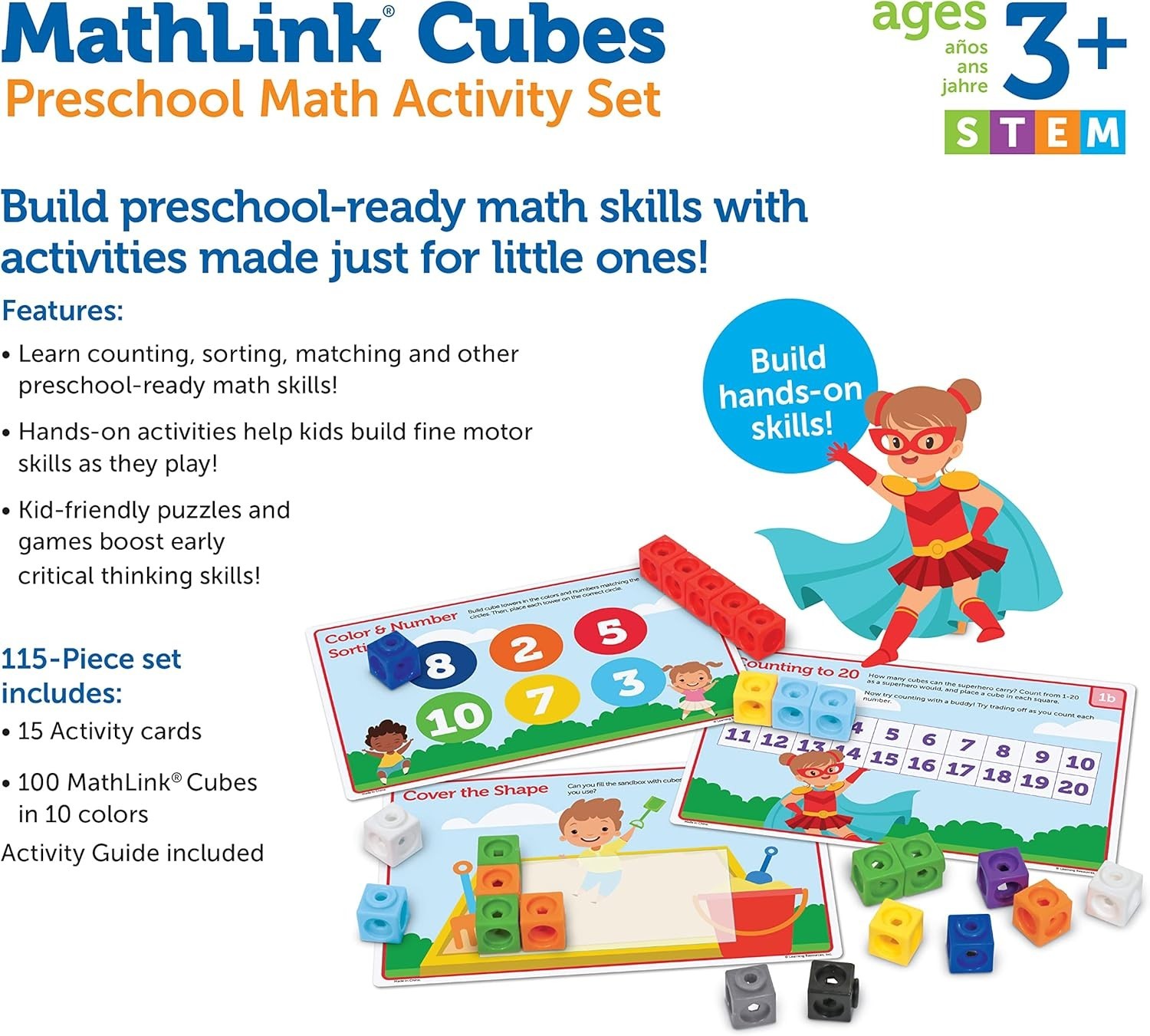 Preschool Math Activity Set with 100 Colorful Cubes and 15 Double-Sided Cards