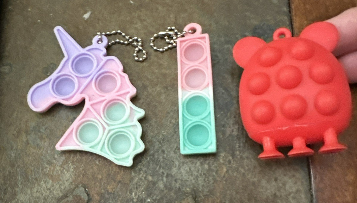 Lot of 3 Pop Bubble Fidgets – 2 Keychains Unicorn & rectangle plus Teddy bear
