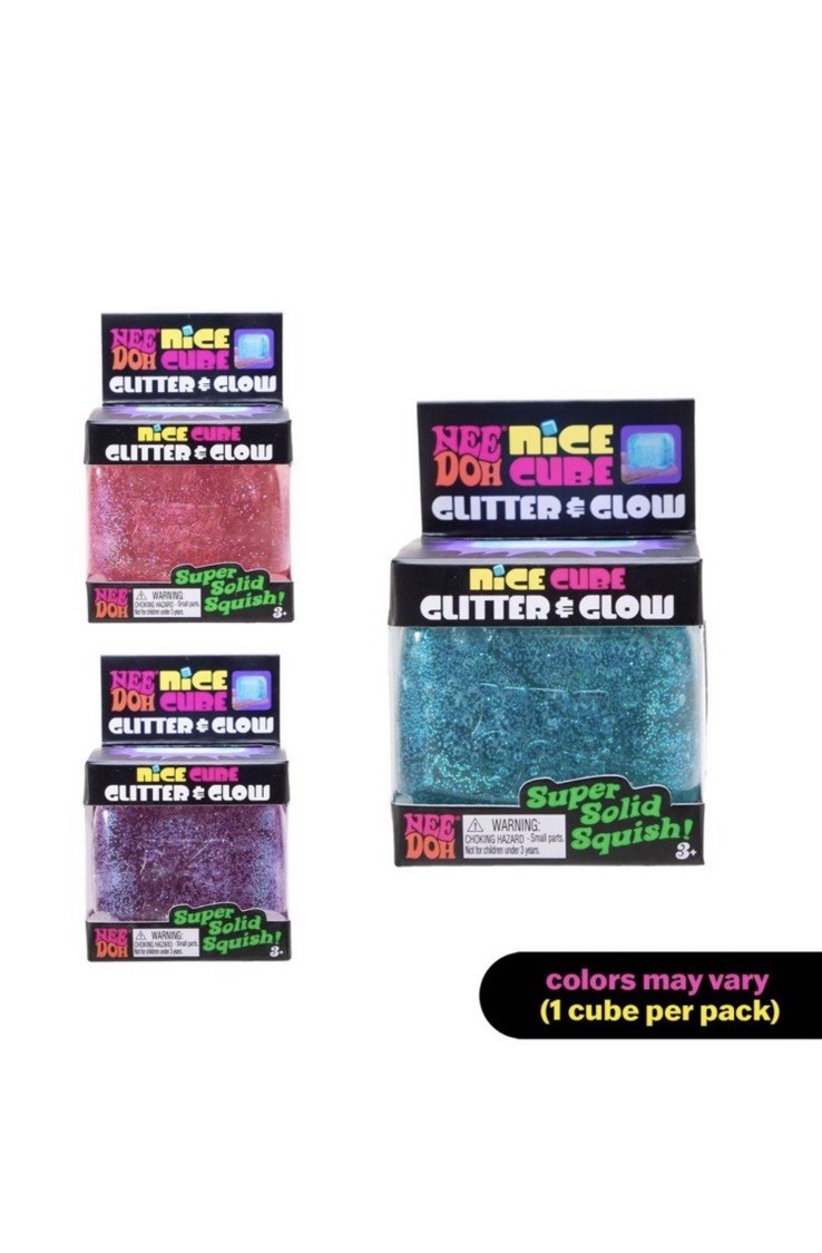 NeeDoh Nice Cube Glitter and Glow, Nee Doh Squishy, Glowing Ice Cube Blue