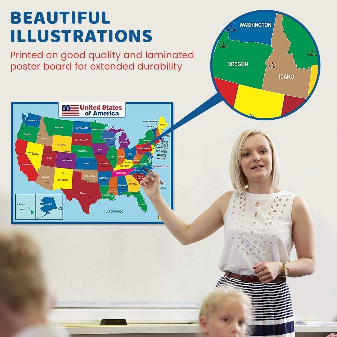 United States Map Laminated Poster – Educational Dry Erase Double Side
