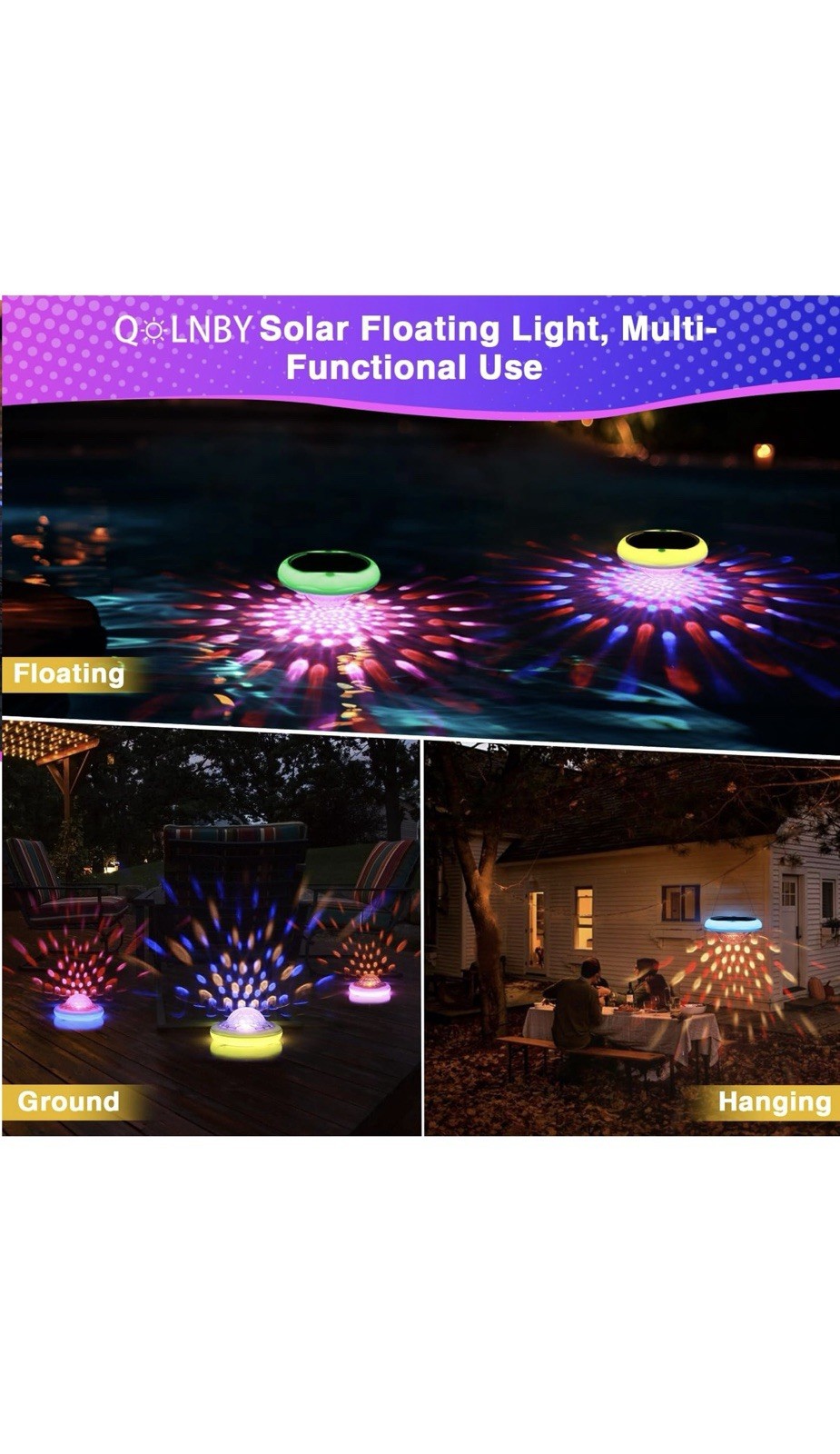 Solar Powered and USB Rechargeable Floating Pool Lights, 6.69 Inch IP68