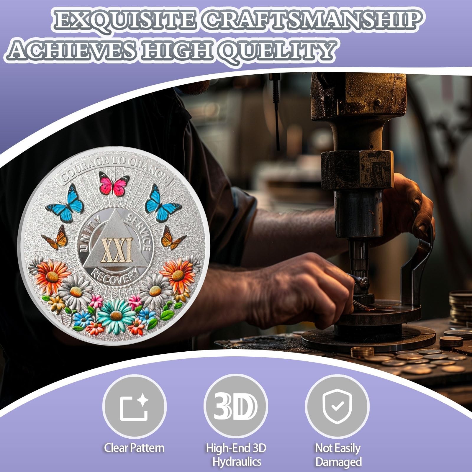 Colorful Sunflower 21 Year Sobriety Coin, Butterfly AA Coin – Courage to Chan…