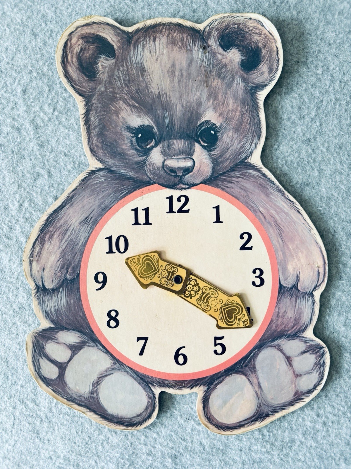 Vintage Tick Tock Teddy Bear Cardboard Learn to Tell Time Clock W/mobile Hands