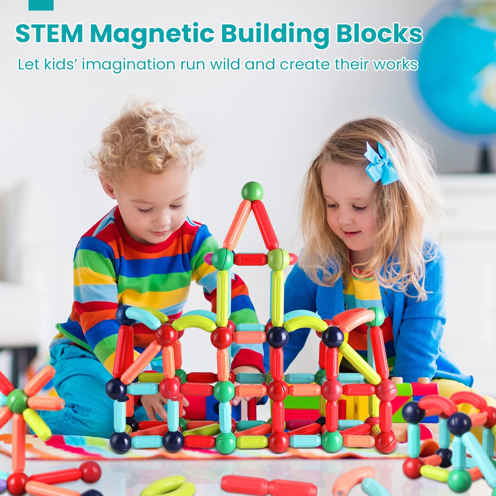 BAKAM Magnetic Building Blocks for Kids Ages 4-8, STEM 64PCS, Multicolored