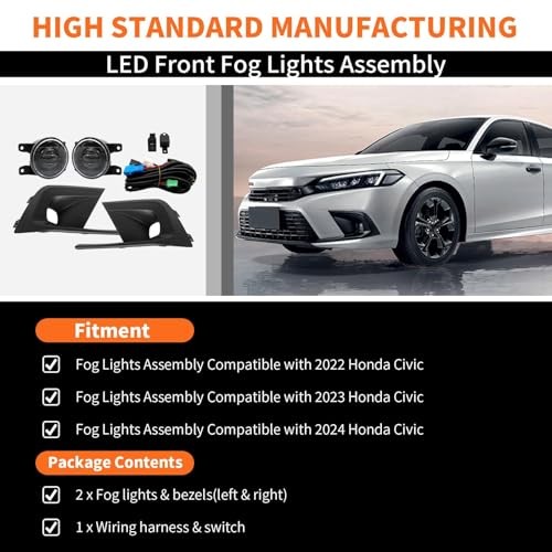 Front Bumper Fog Lights Assembly Compatible with 2022 2023 2024 Civic Pair Fog