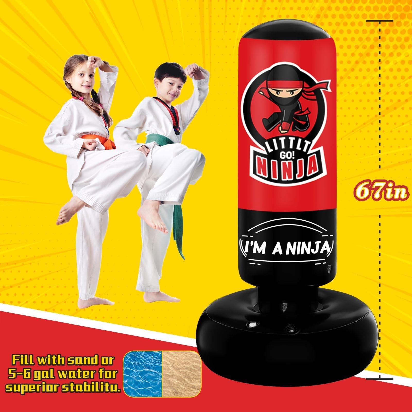 Kids Punching Bag, 67″ Stable Inflatable Boxing Bag for Age 5-12, Ninja Karat…