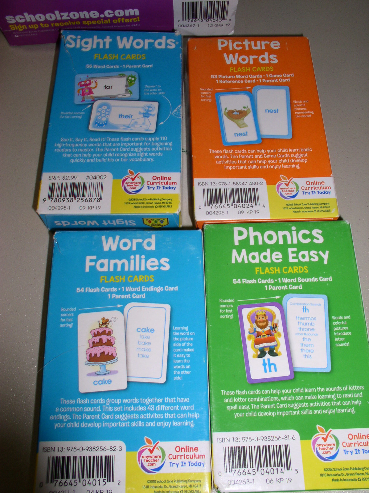 School Zone Flash Cards 4 Pack Math and 4 Pack Reading 8 Packs Ages 4-6 and Up