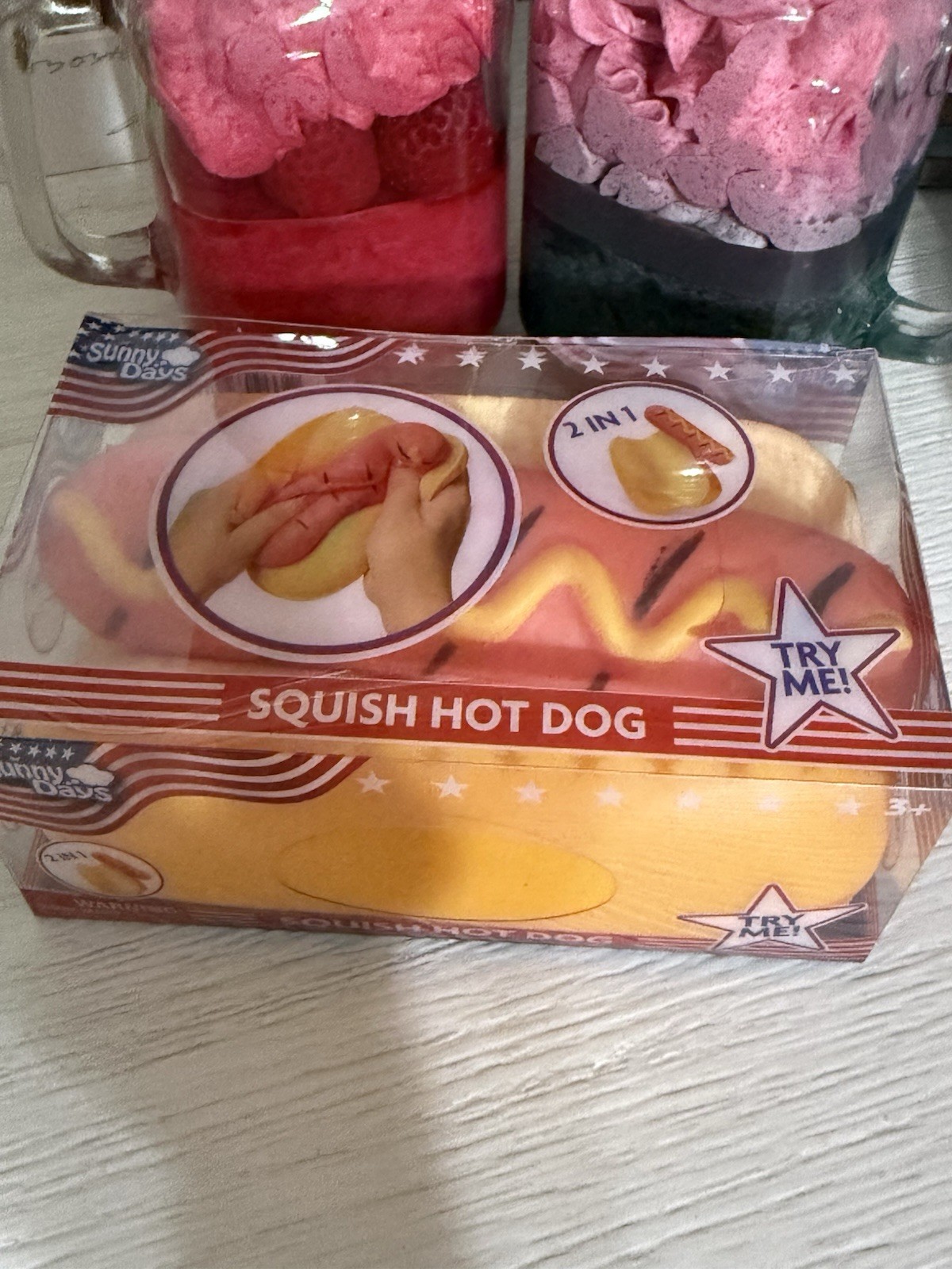 Squishy Hot Dog Squeezy Fidget Toy Sunny Days 2-in-1 Hotdog Stress Relief NEW