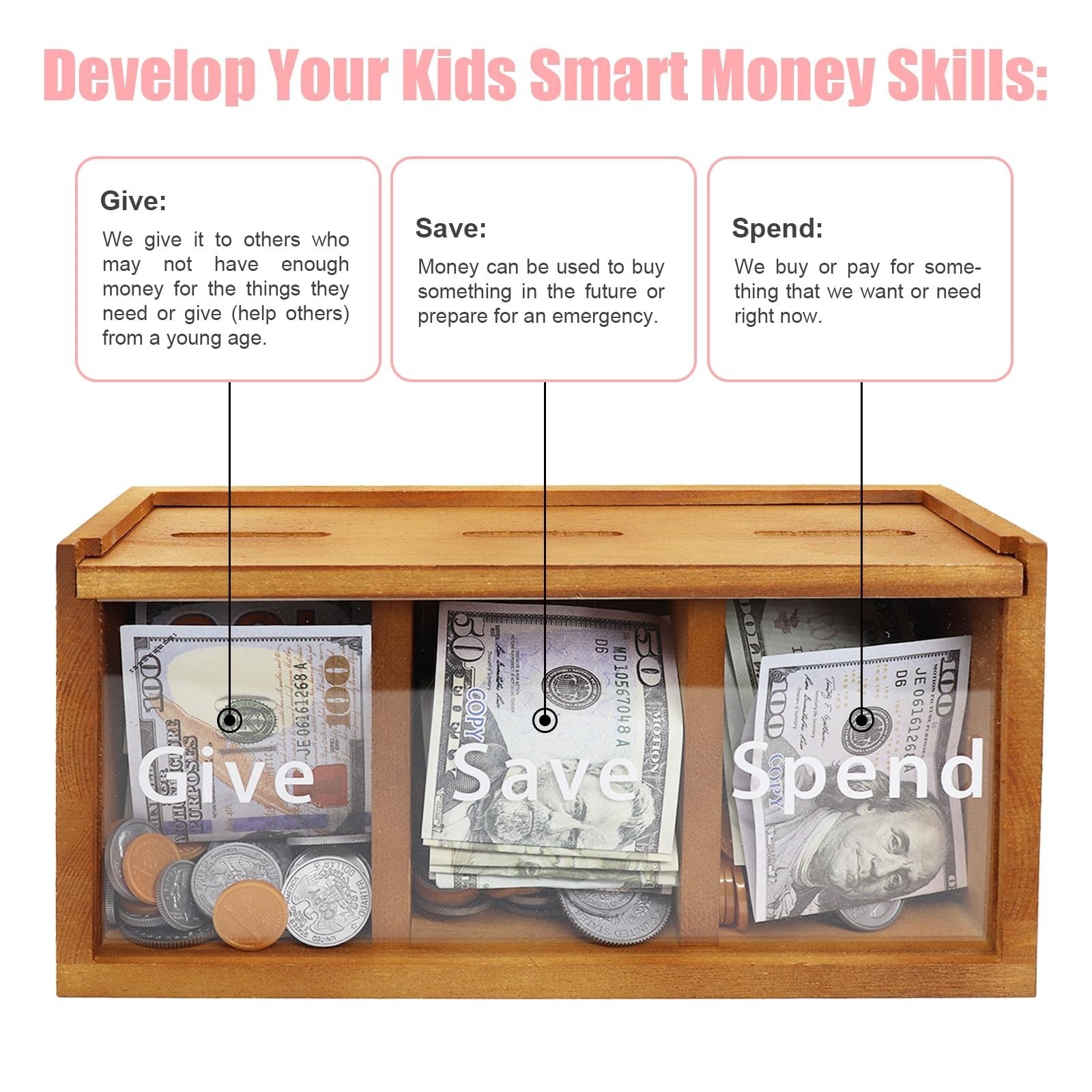 Spend Save Give Piggy Bank for Kids, Money Coin Savings Piggy Bank Jar Box fo…