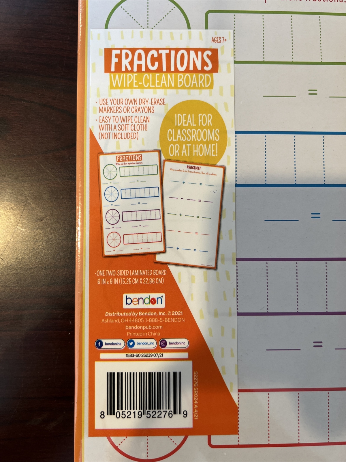 Bendon fractions dry erase board, Wipe Clean, 6in.x 9inch. Double Sided- NEW