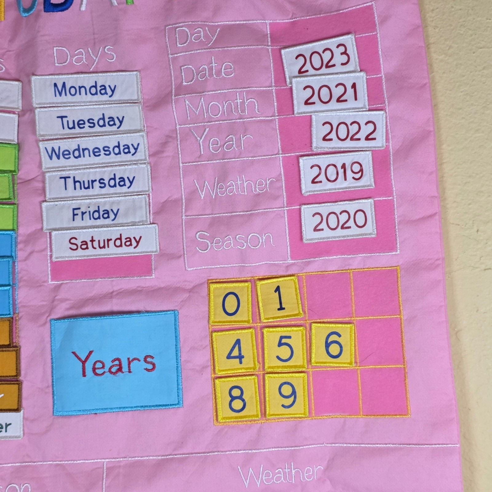 Kids Interactive Fabric Wall Calendar Pink Educational Weather Season Chart