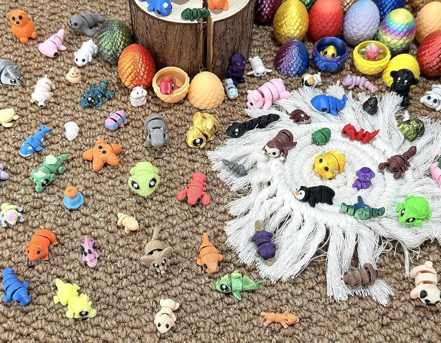 124Pcs 3D Printed Mini Animal Figurines & Easter Eggs Set,Flexible Articulated F