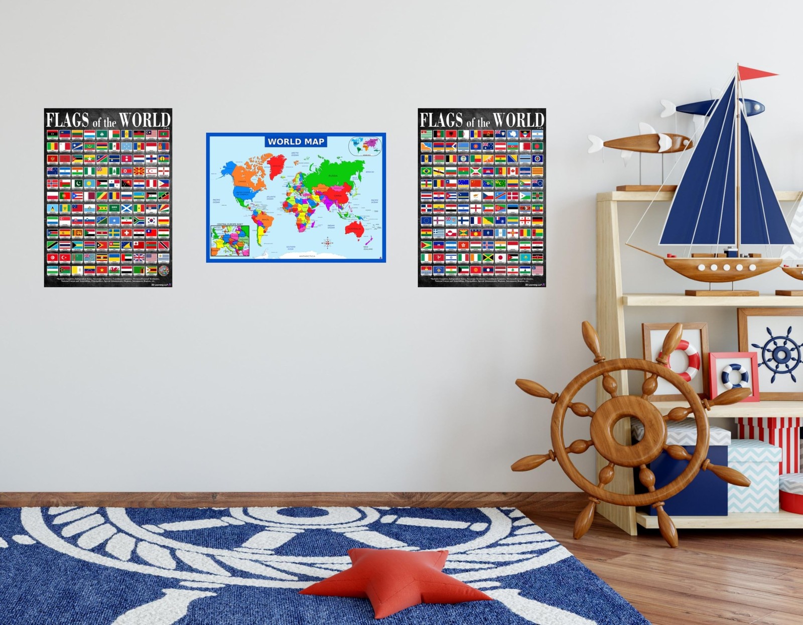 World Map and Flags Posters- Laminated 14×19.5” Educational Charts – Flags