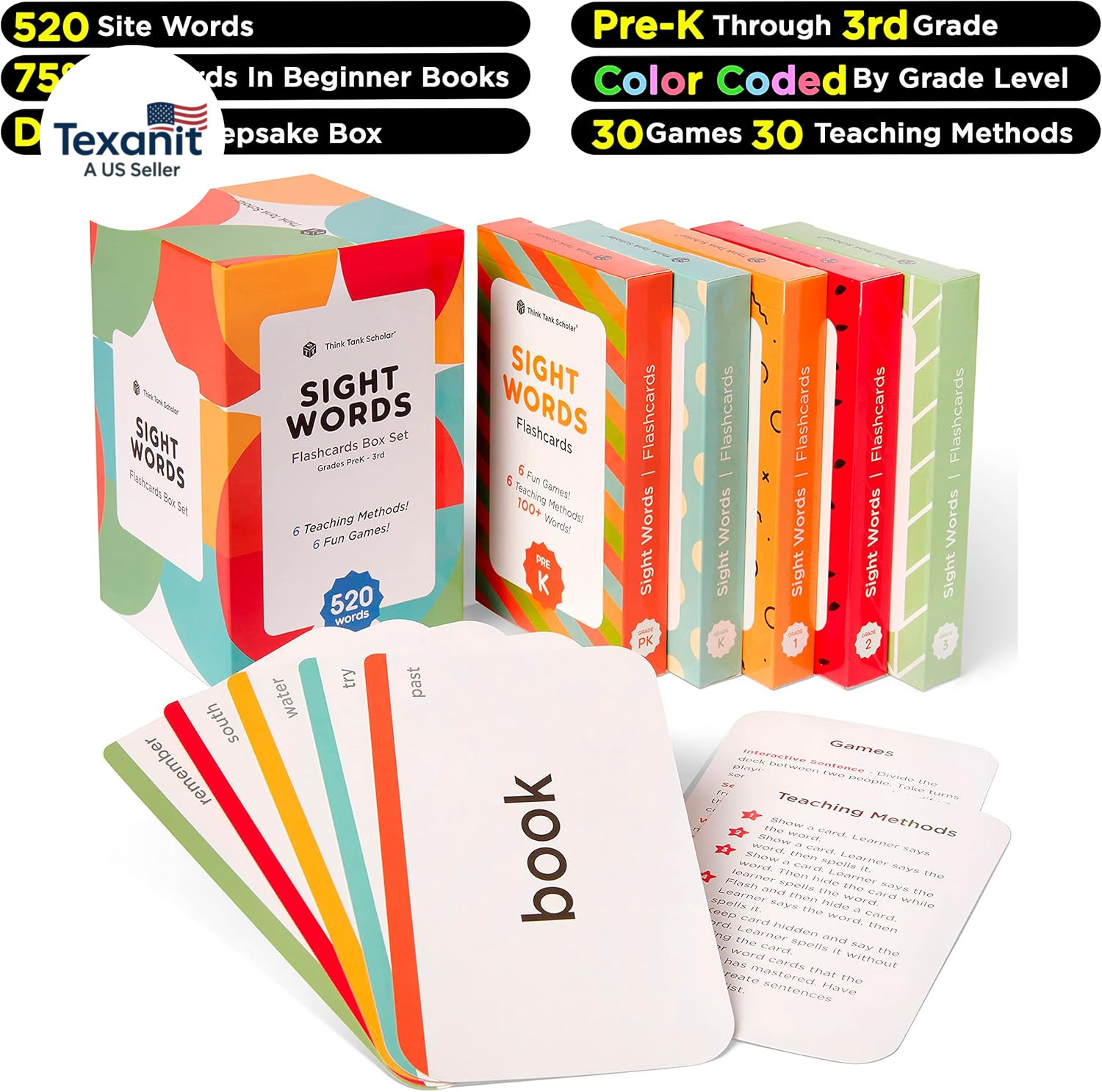 520 Sight Words Flash Cards Dolch Fry Reading Set for Kids PreK Grade 3